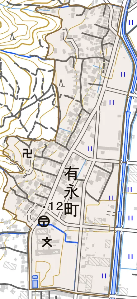 有永町とその周辺の地図。町の範囲を重ねている