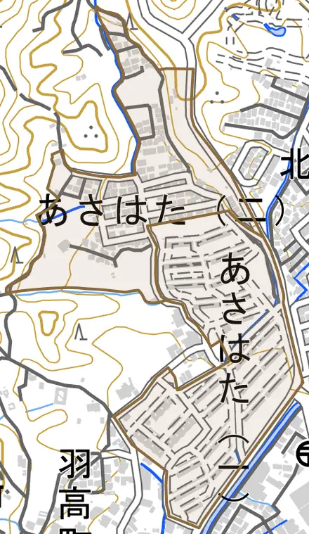 あさはたとその周辺の地図。町の範囲を重ねている