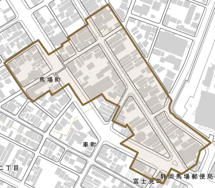 馬場町とその周辺の地図。町の範囲を重ねている