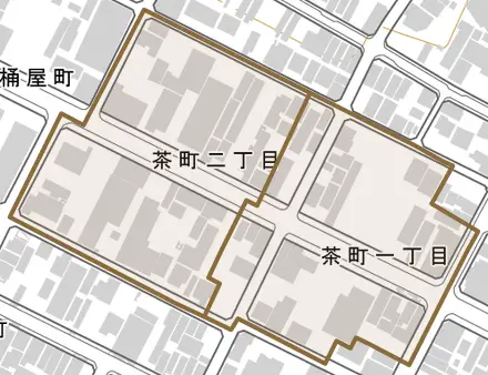 茶町とその周辺の地図。町の範囲を重ねている