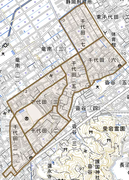 千代田とその周辺の地図。町の範囲を重ねている