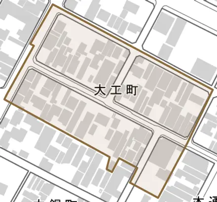 大工町とその周辺の地図。町の範囲を重ねている