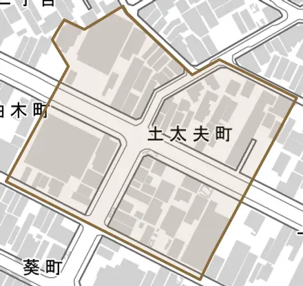 土太夫町とその周辺の地図。町の範囲を重ねている
