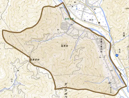 富厚里とその周辺の地図。町の範囲を重ねている