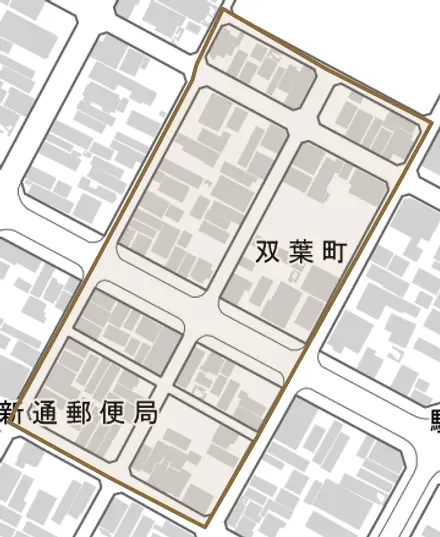 双葉町とその周辺の地図。町の範囲を重ねている