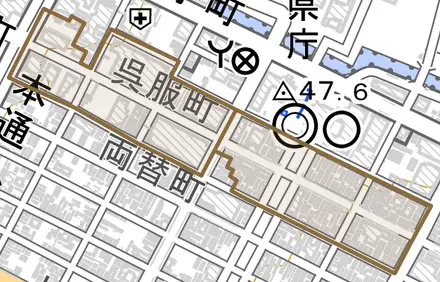 呉服町とその周辺の地図。町の範囲を重ねている