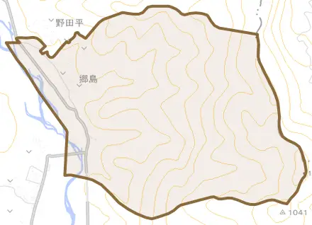 郷島とその周辺の地図。町の範囲を重ねている