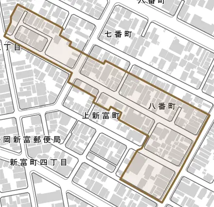 八番町とその周辺の地図。町の範囲を重ねている