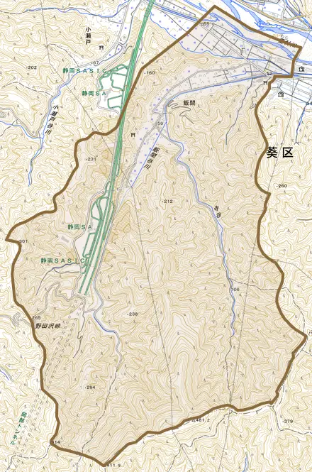 飯間とその周辺の地図。町の範囲を重ねている