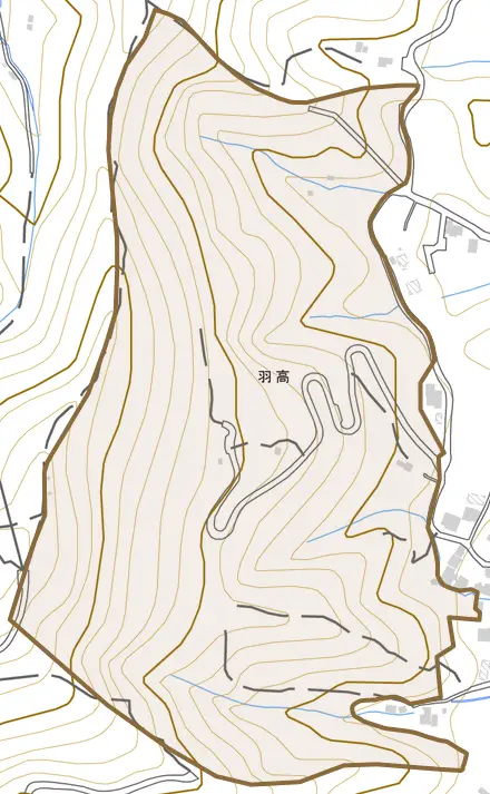 羽高とその周辺の地図。町の範囲を重ねている