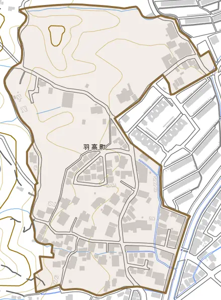 羽高町とその周辺の地図。町の範囲を重ねている