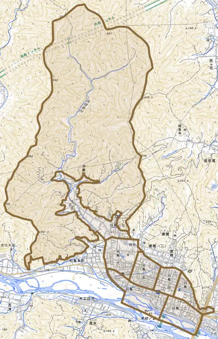 羽鳥とその周辺の地図。町の範囲を重ねている