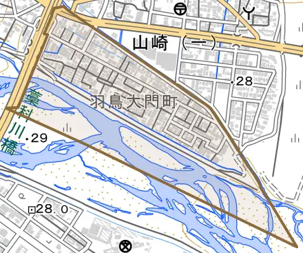 羽鳥大門町とその周辺の地図。町の範囲を重ねている