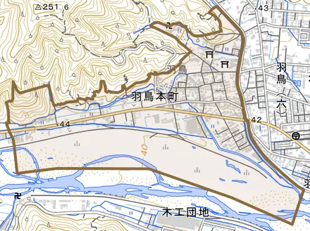 羽鳥本町とその周辺の地図。町の範囲を重ねている