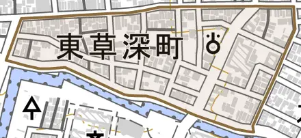 東草深町とその周辺の地図。町の範囲を重ねている