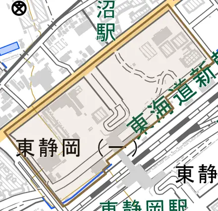 東静岡とその周辺の地図。町の範囲を重ねている