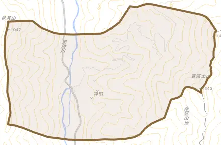 平野とその周辺の地図。町の範囲を重ねている