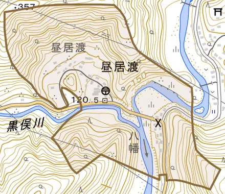 昼居渡とその周辺の地図。町の範囲を重ねている