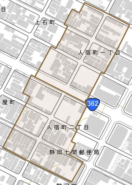 人宿町とその周辺の地図。町の範囲を重ねている