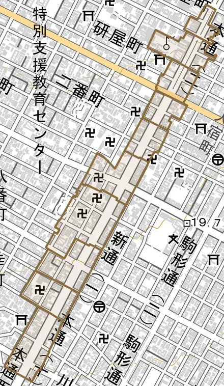 本通とその周辺の地図。町の範囲を重ねている