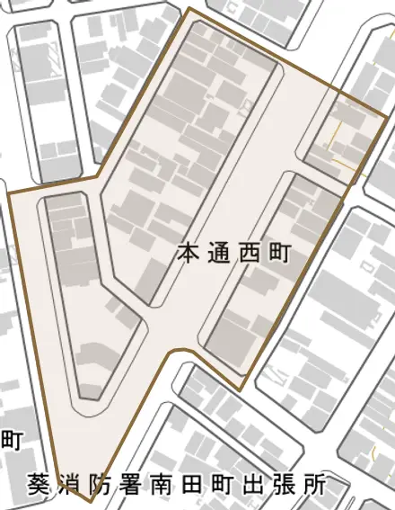 本通西町とその周辺の地図。町の範囲を重ねている