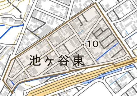 池ヶ谷東とその周辺の地図。町の範囲を重ねている