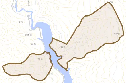 岩崎とその周辺の地図。町の範囲を重ねている
