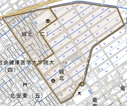 城北とその周辺の地図。町の範囲を重ねている