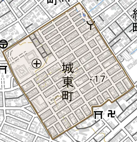 城東町とその周辺の地図。町の範囲を重ねている