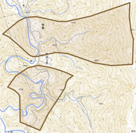 柿島とその周辺の地図。町の範囲を重ねている