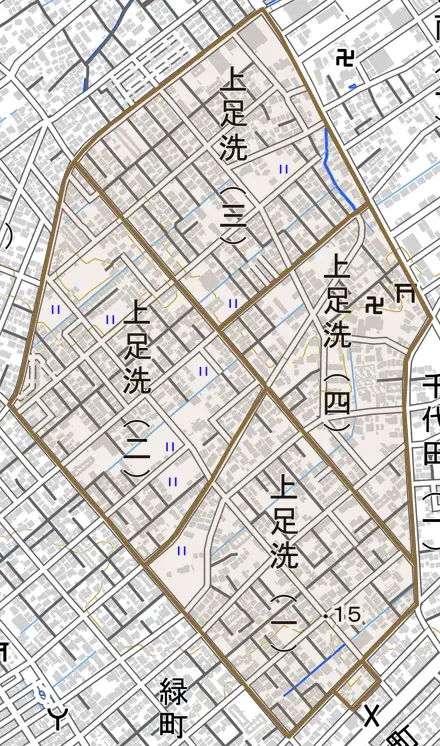 上足洗とその周辺の地図。町の範囲を重ねている