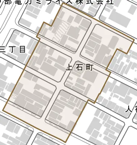 上石町とその周辺の地図。町の範囲を重ねている