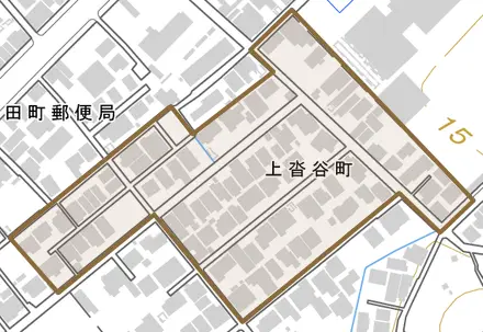 上沓谷町とその周辺の地図。町の範囲を重ねている