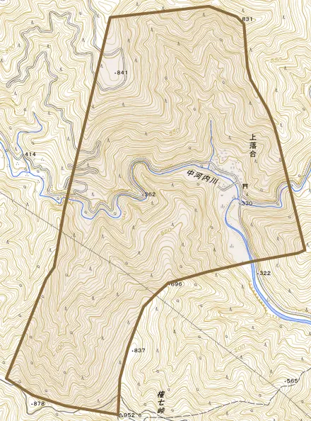 上落合とその周辺の地図。町の範囲を重ねている