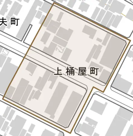 上桶屋町とその周辺の地図。町の範囲を重ねている