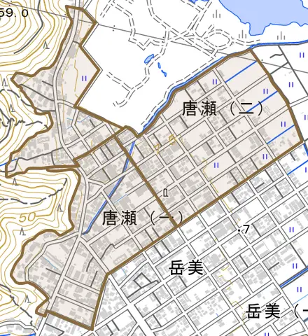 唐瀬とその周辺の地図。町の範囲を重ねている