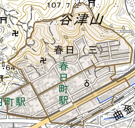 春日とその周辺の地図。町の範囲を重ねている