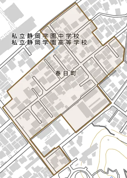 春日町とその周辺の地図。町の範囲を重ねている