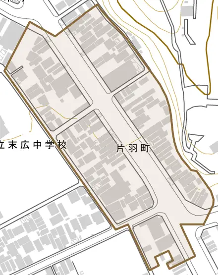 片羽町とその周辺の地図。町の範囲を重ねている