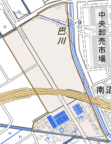 加藤島とその周辺の地図。町の範囲を重ねている