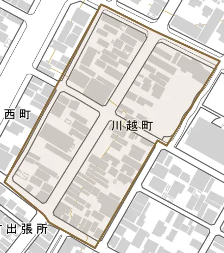 川越町とその周辺の地図。町の範囲を重ねている