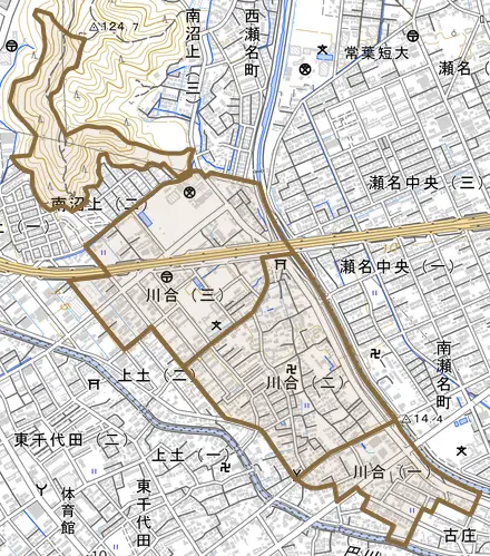 川合とその周辺の地図。町の範囲を重ねている