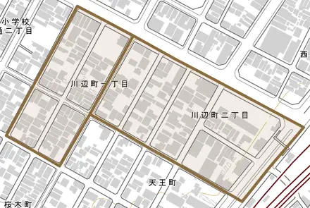 川辺町とその周辺の地図。町の範囲を重ねている