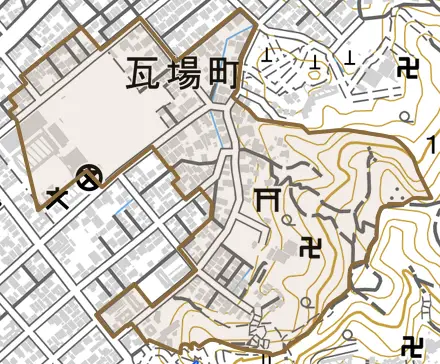 瓦場町とその周辺の地図。町の範囲を重ねている