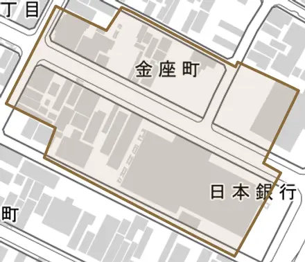 金座町とその周辺の地図。町の範囲を重ねている