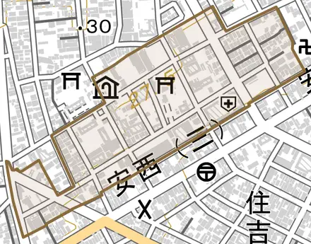 北番町とその周辺の地図。町の範囲を重ねている