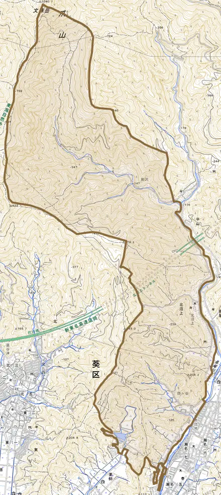 北沼上とその周辺の地図。町の範囲を重ねている