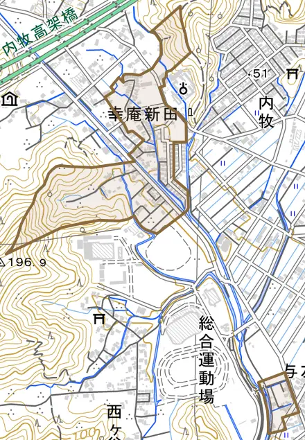 幸庵新田とその周辺の地図。町の範囲を重ねている