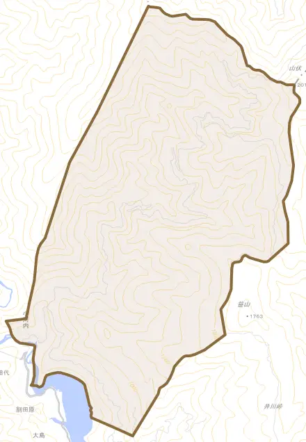 小河内とその周辺の地図。町の範囲を重ねている