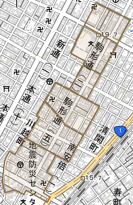 駒形通とその周辺の地図。町の範囲を重ねている